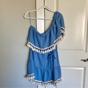 Suboo Fringe Tassel Trim One Shoulder Tie Waist Summer Resortwear Mini Dress